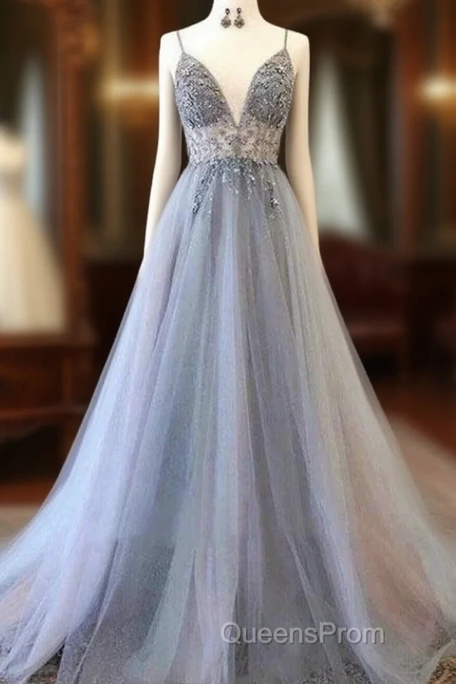 A Line Tulle Spaghetti Straps V Neck Appliques Long Evening Prom Dress Beautiful Main image