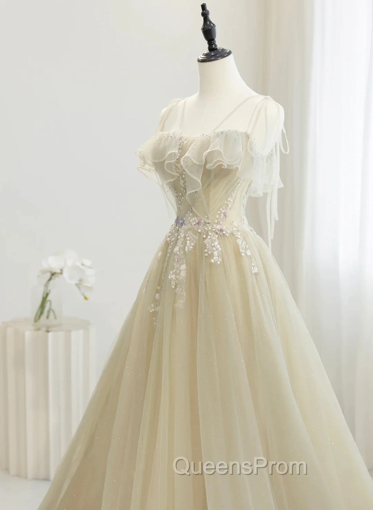 A-Line Tulle Straps Beaed Lace Long Evening Dress, Tulle Evening Dress Evening Prom Dress Secondary image