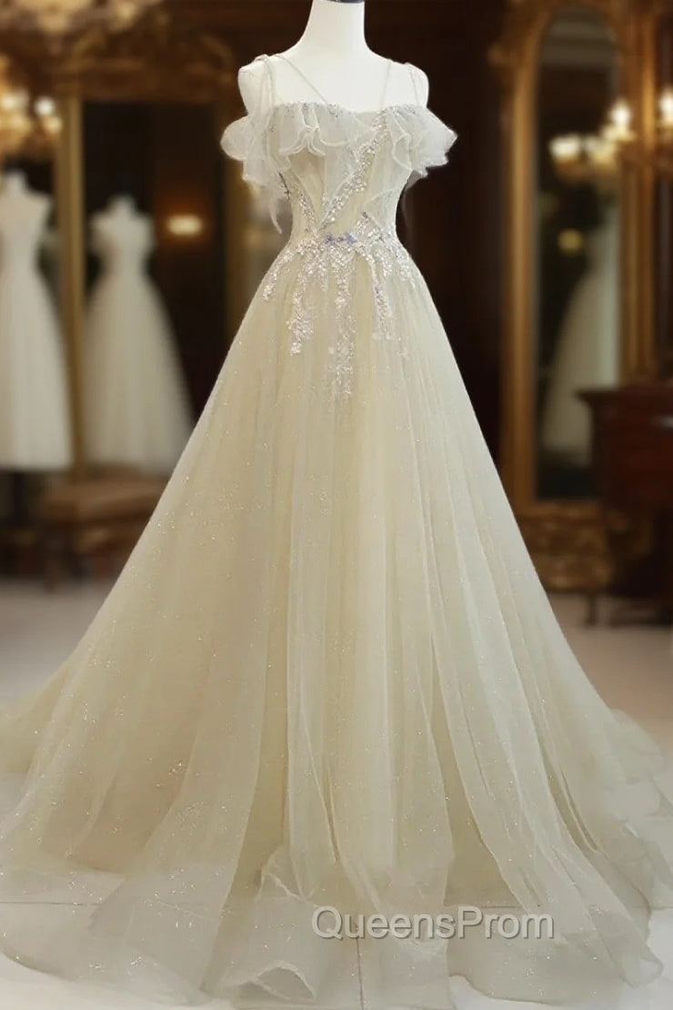 A-Line Tulle Straps Beaed Lace Long Evening Dress, Tulle Evening Dress Evening Prom Dress Main image