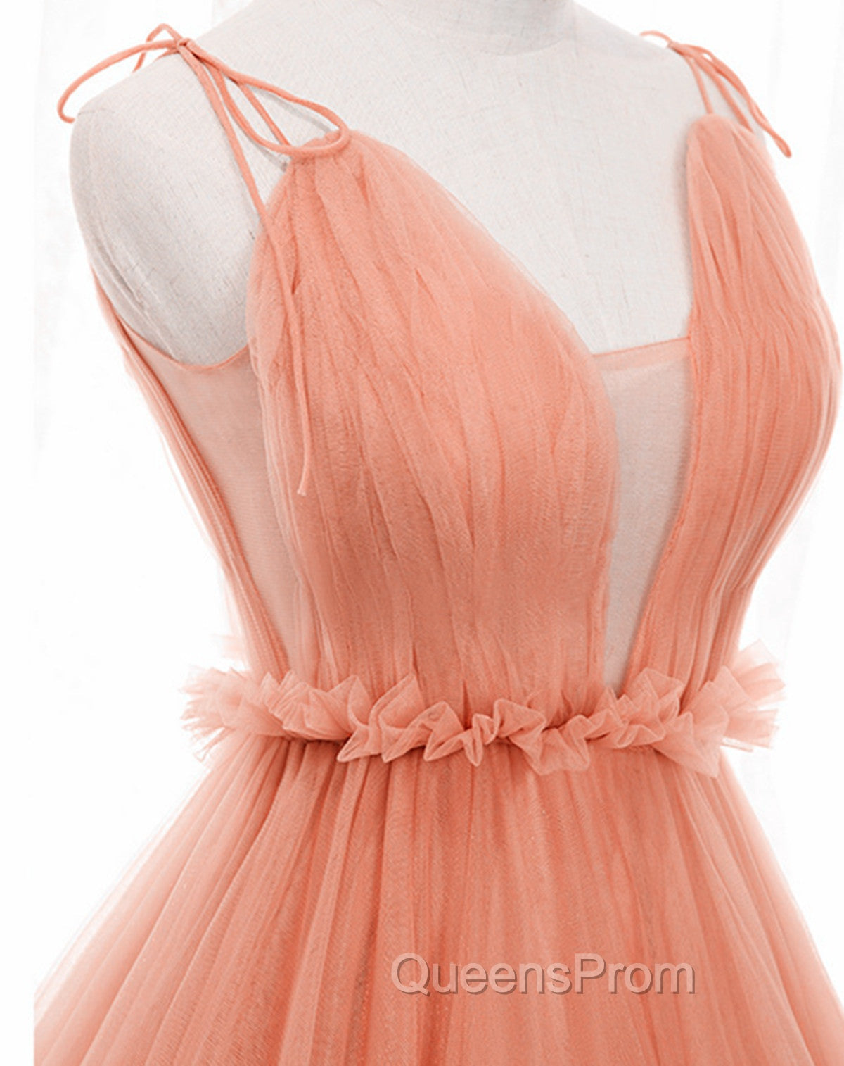 A-line Tulle Straps Low Back Long Wedding Party Dress, Pink Tulle Long Evening Prom Dress