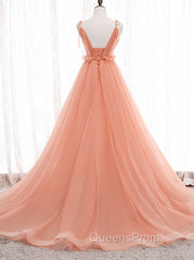 A-line Tulle Straps Low Back Long Wedding Party Dress, Pink Tulle Long Evening Prom Dress