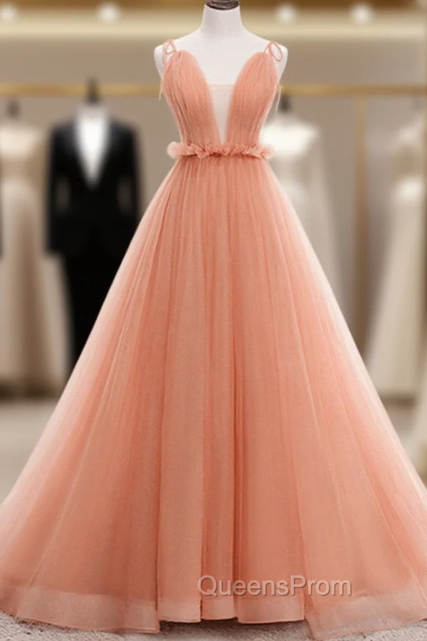 A-line Tulle Straps Low Back Long Wedding Party Dress, Pink Tulle Long Evening Prom Dress Main image