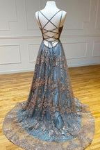 A-line Tulle Straps Sequins Lace Evening Prom Dress Split Evening Dress