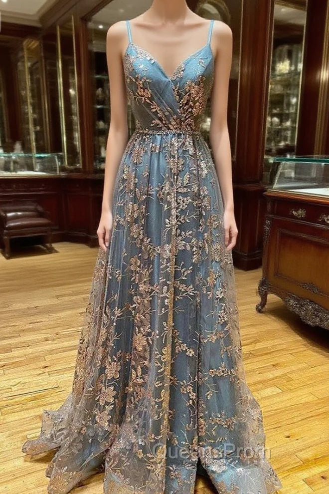 A-line Tulle Straps Sequins Lace Evening Prom Dress Split Evening Dress Main image