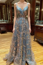 A-line Tulle Straps Sequins Lace Evening Prom Dress Split Evening Dress
