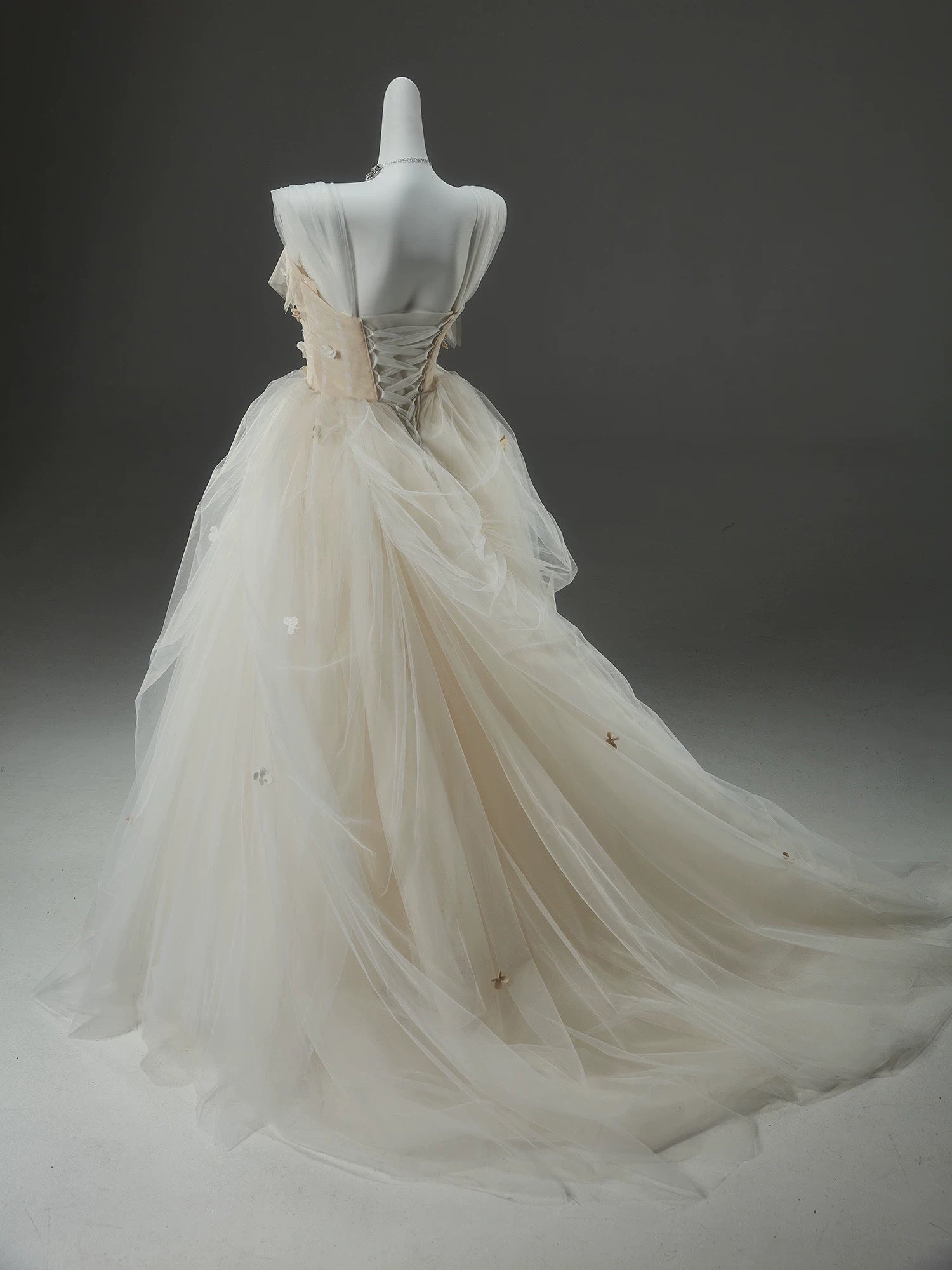 A-Line Tulle Sweep Train Champagne Long Classy Prom Dress With Applique Secondary image