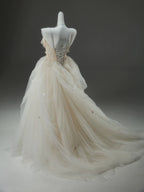 A-Line Tulle Sweep Train Champagne Long Classy Prom Dress With Applique