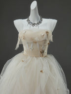 A-Line Tulle Sweep Train Champagne Long Classy Prom Dress With Applique