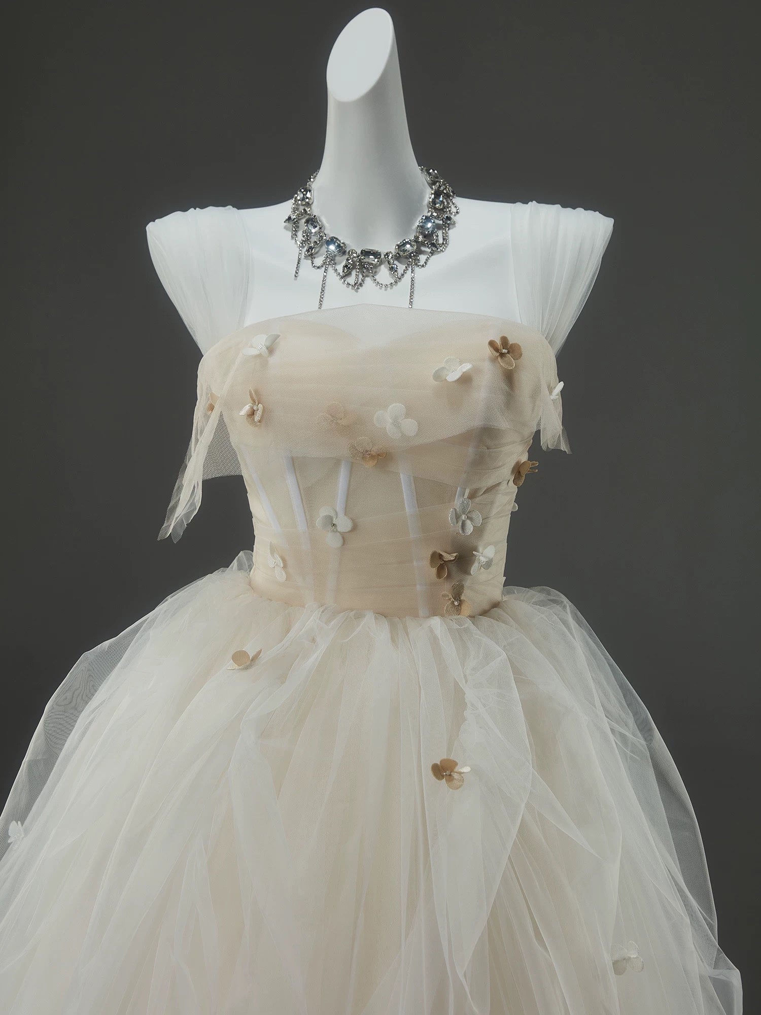 A-Line Tulle Sweep Train Champagne Long Classy Prom Dress With Applique