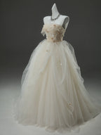 A-Line Tulle Sweep Train Champagne Long Classy Prom Dress With Applique