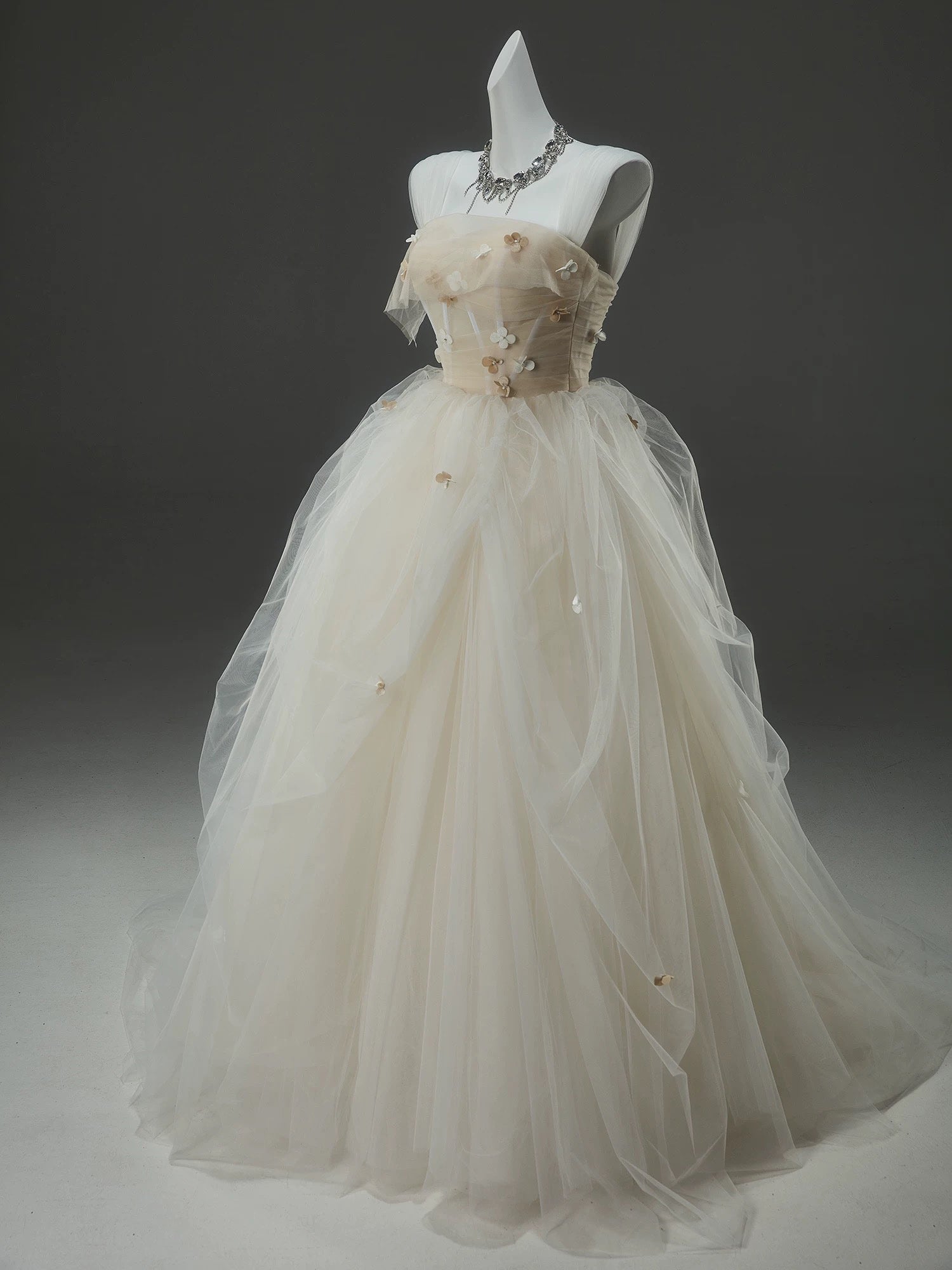 A-Line Tulle Sweep Train Champagne Long Classy Prom Dress With Applique