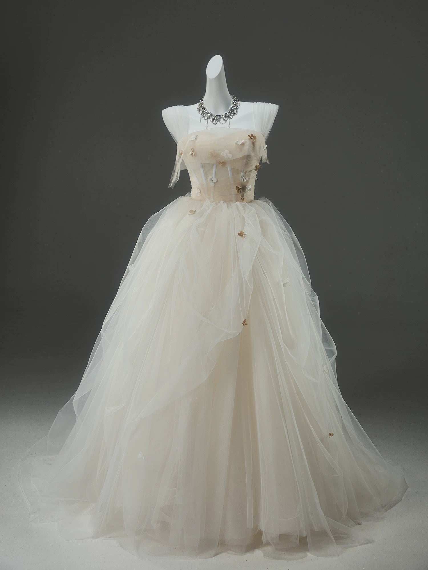 A-Line Tulle Sweep Train Champagne Long Classy Prom Dress With Applique Main image