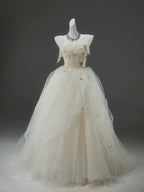 A-Line Tulle Sweep Train Champagne Long Classy Prom Dress With Applique