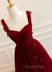 A-Line Tulle Sweetheart Straps Long Formal Dress, Wine Red Evening Dress Evening Prom Dress
