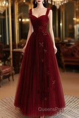 A-Line Tulle Sweetheart Straps Long Formal Dress, Wine Red Evening Dress Evening Prom Dress