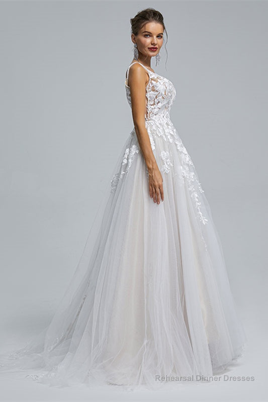A-Line Tulle V-Neck Lace Beaded Flower Wedding Dresses Secondary image