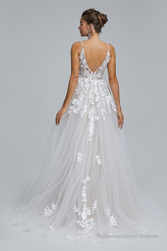 A-Line Tulle V-Neck Lace Beaded Flower Wedding Dresses Main image