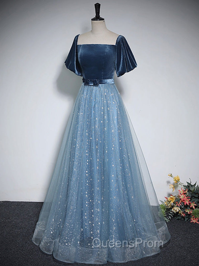A-Line Tulle Velvet Blue Long Evening Prom Dress, Blue Tulle Evening Dress Secondary image