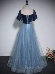 A-Line Tulle Velvet Blue Long Evening Prom Dress, Blue Tulle Evening Dress