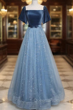 A-Line Tulle Velvet Blue Long Evening Prom Dress, Blue Tulle Evening Dress