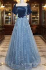 A-Line Tulle Velvet Blue Long Evening Prom Dress, Blue Tulle Evening Dress