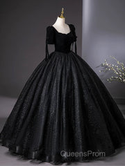 A-Line Tulle Velvet Sequin Black Long Evening Prom Dress, Black Long Evening Dress