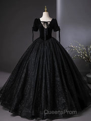 A-Line Tulle Velvet Sequin Black Long Evening Prom Dress, Black Long Evening Dress