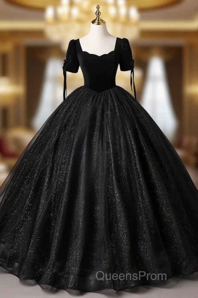 A-Line Tulle Velvet Sequin Black Long Evening Prom Dress, Black Long Evening Dress Main image