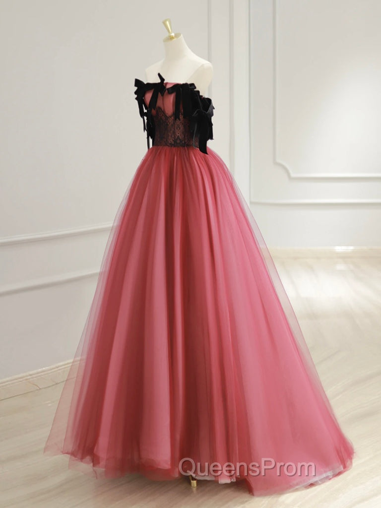 A-Line Tulle Watermelon Red Long Evening Prom Dress, Watermelon Red Tulle Long Evening Dress Secondary image