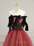 A-Line Tulle Watermelon Red Long Evening Prom Dress, Watermelon Red Tulle Long Evening Dress