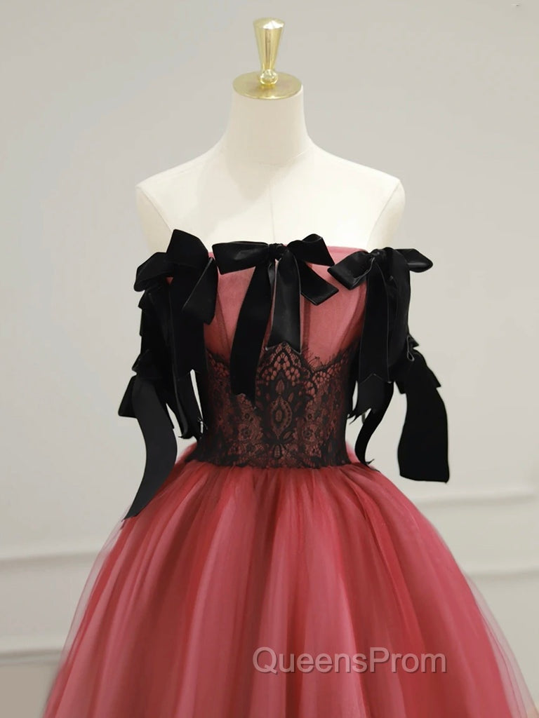 A-Line Tulle Watermelon Red Long Evening Prom Dress, Watermelon Red Tulle Long Evening Dress