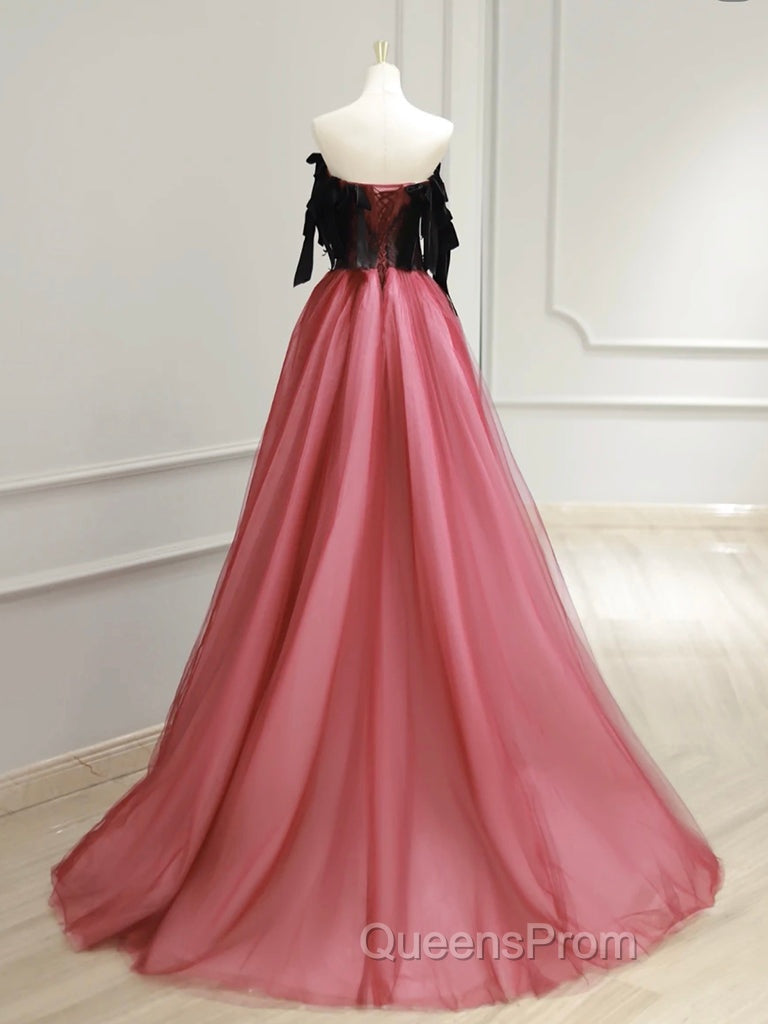 A-Line Tulle Watermelon Red Long Evening Prom Dress, Watermelon Red Tulle Long Evening Dress