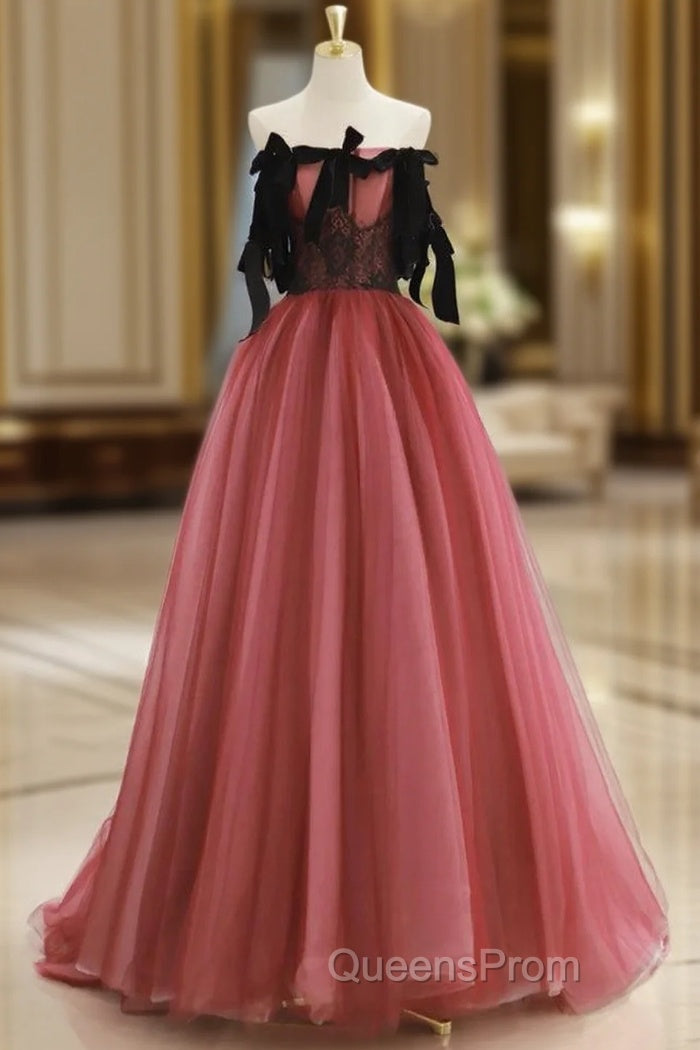 A-Line Tulle Watermelon Red Long Evening Prom Dress, Watermelon Red Tulle Long Evening Dress Main image