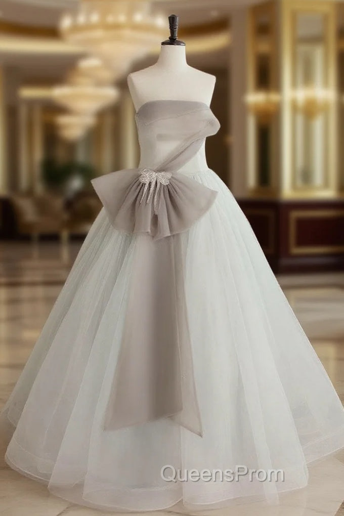 A-Line Tulle White Long Evening Prom Dress, White Evening Party Dress