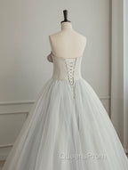 A-Line Tulle White Long Evening Prom Dress, White Evening Party Dress
