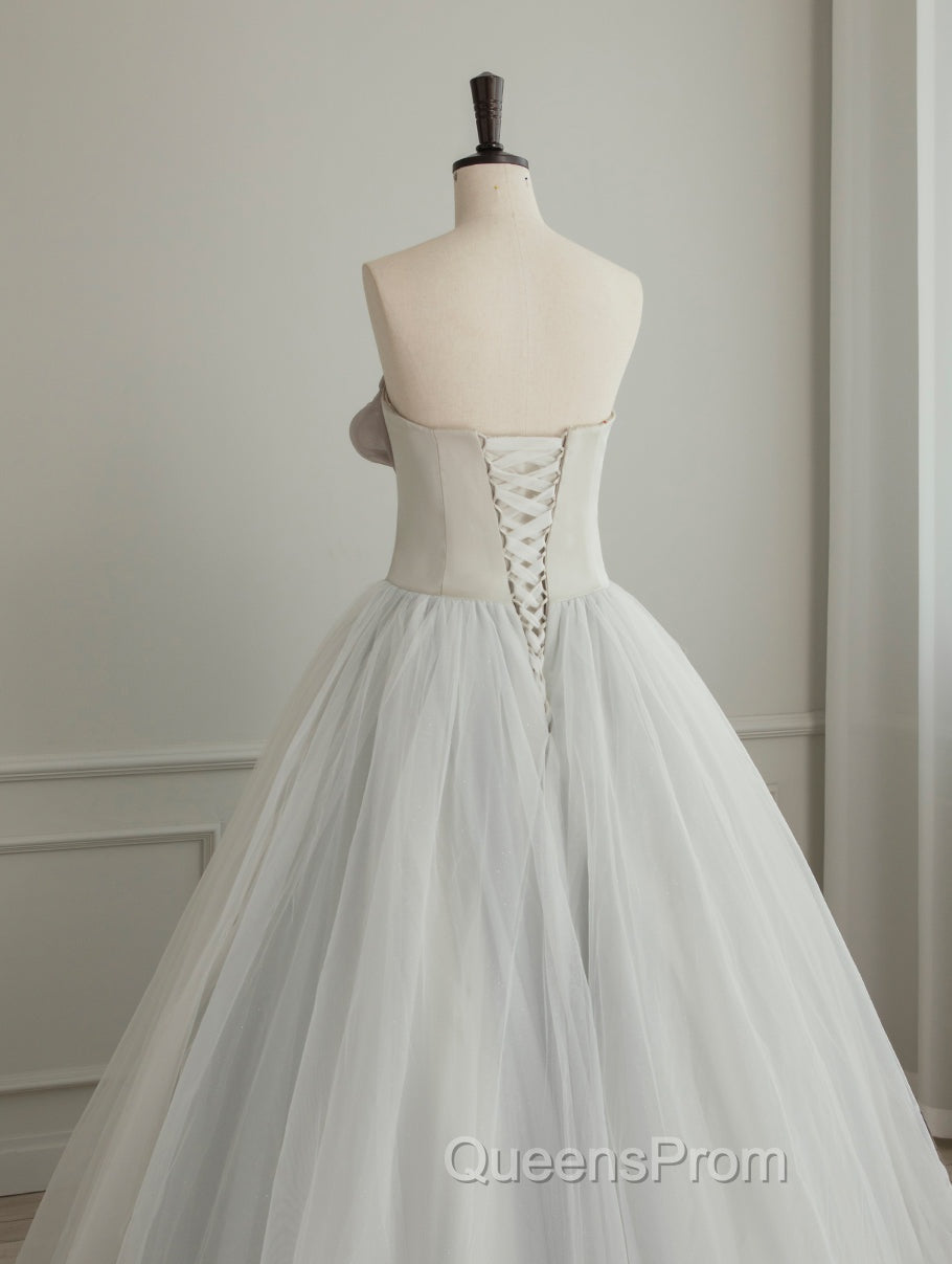 A-Line Tulle White Long Evening Prom Dress, White Evening Party Dress