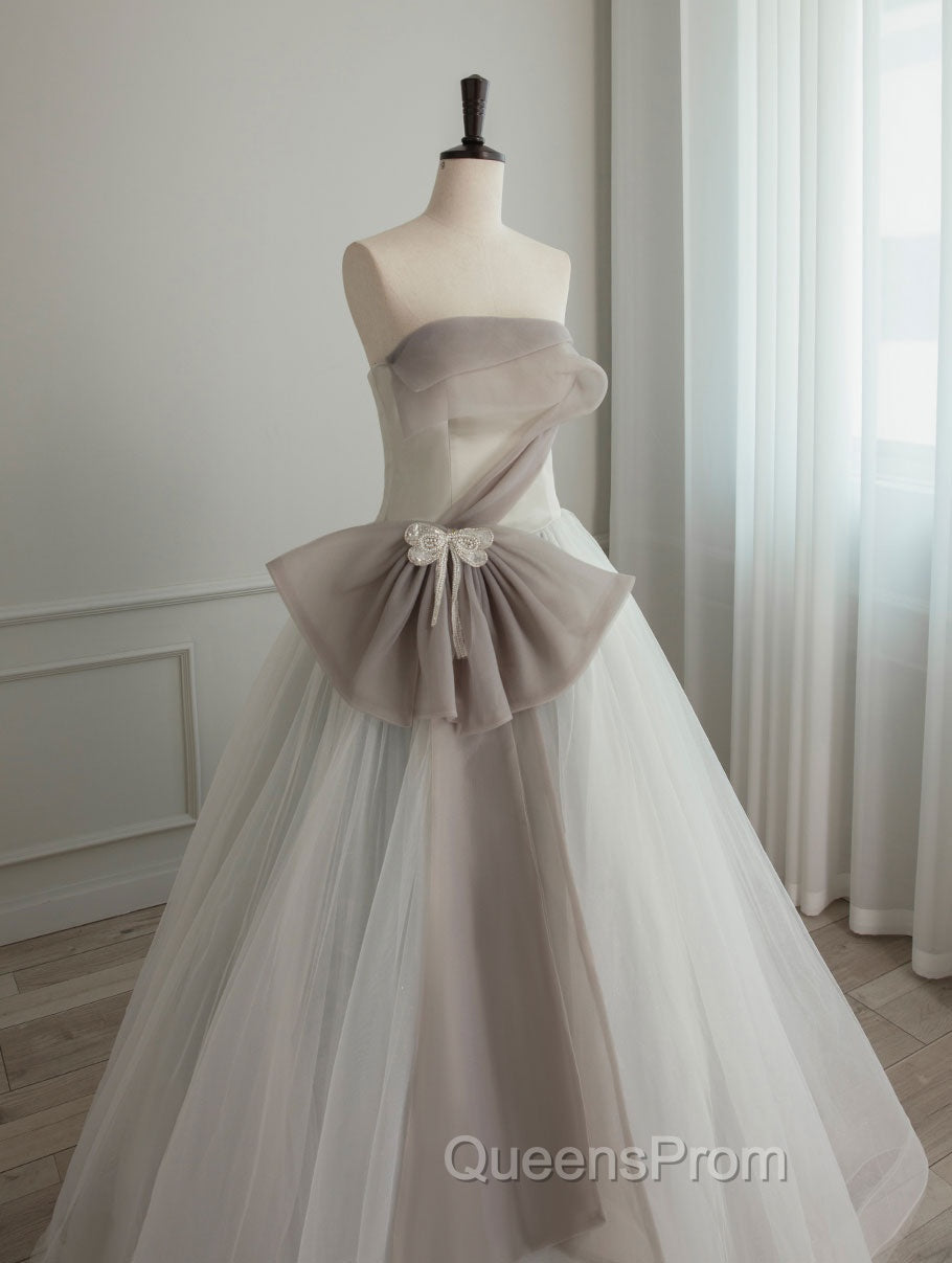 A-Line Tulle White Long Evening Prom Dress, White Evening Party Dress