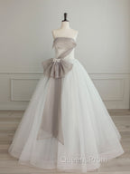 A-Line Tulle White Long Evening Prom Dress, White Evening Party Dress
