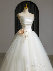 A-Line Tulle White Long Evening Prom Dress, White Long Formal Dress