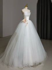 A-Line Tulle White Long Evening Prom Dress, White Long Formal Dress
