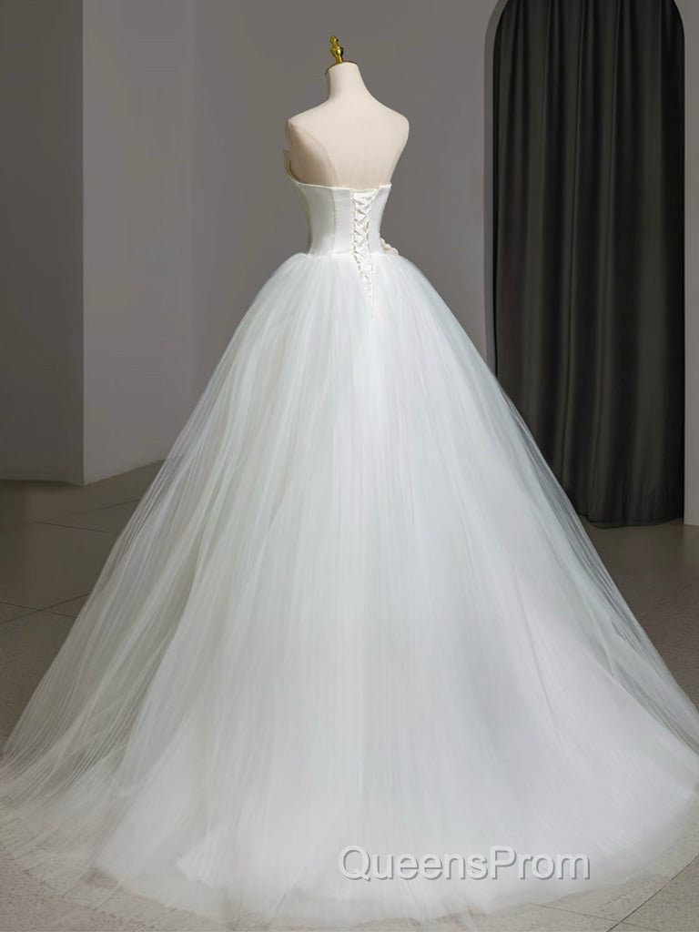 A-Line Tulle White Long Evening Prom Dress, White Long Formal Dress