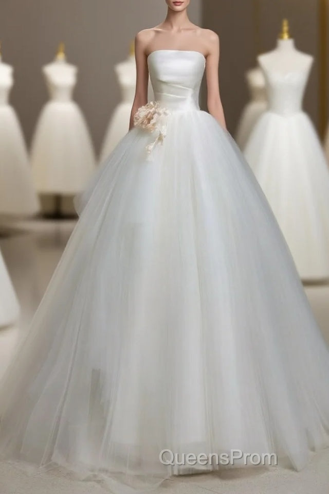 A-Line Tulle White Long Evening Prom Dress, White Long Formal Dress