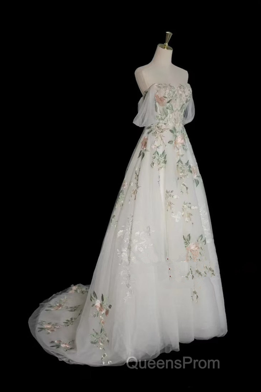 A-Line Tulle With Flower Lace White Wedding Party Dress, White Tulle Evening Dress Evening Prom Dress