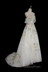 A-Line Tulle With Flower Lace White Wedding Party Dress, White Tulle Evening Dress Evening Prom Dress