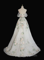 A-Line Tulle With Flower Lace White Wedding Party Dress, White Tulle Evening Dress Evening Prom Dress