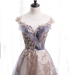 A-line Tulle with Lace Applique Party Dress, Tulle Long Evening Prom Dress