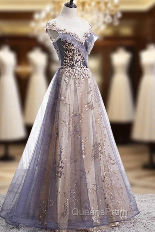 A-line Tulle with Lace Applique Party Dress, Tulle Long Evening Prom Dress