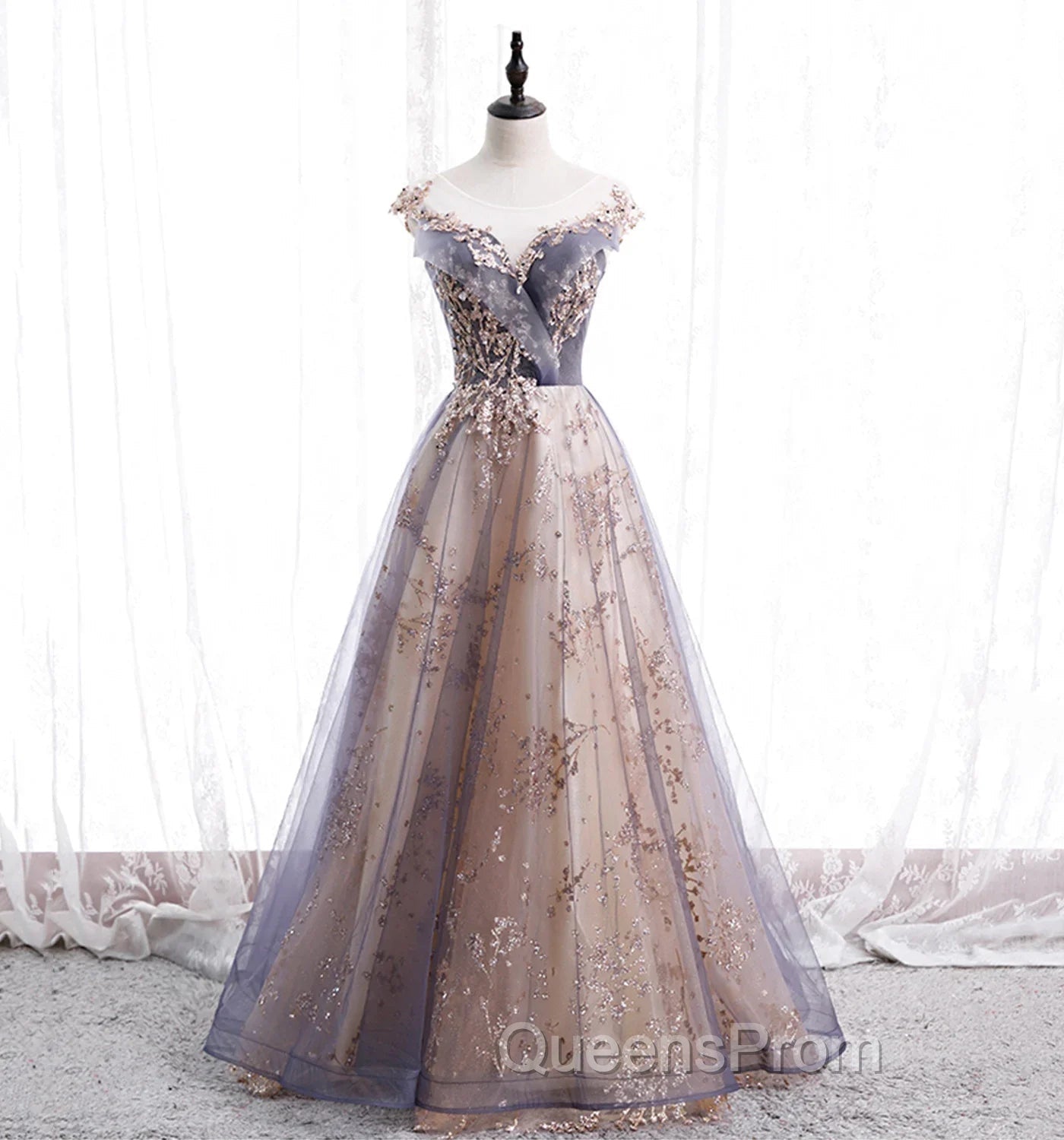 A-line Tulle with Lace Applique Party Dress Tulle Long Evening Prom Dress Evening Prom Dress shops