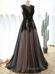 A-Line Tulle With Lace Round Neckline Floor Length Party Dress Black Evening Prom Dress Formal Dress