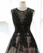 A-Line Tulle With Lace Round Neckline Floor Length Party Dress Black Evening Prom Dress Formal Dress